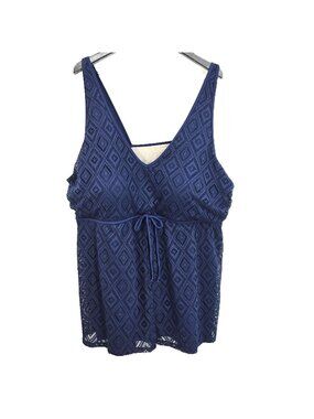 Catherines' Navy Blue Padded Mesh Crochet Tankini Swimsuit Top Women Size 28